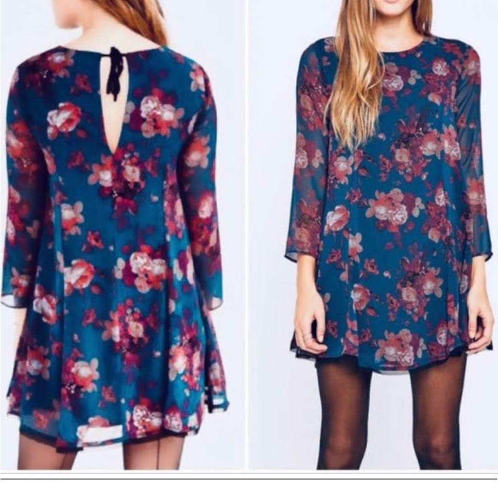 Free People Kimichi Blue Floral Flowing Boho Fall Long Sleeve Dress S Nwot